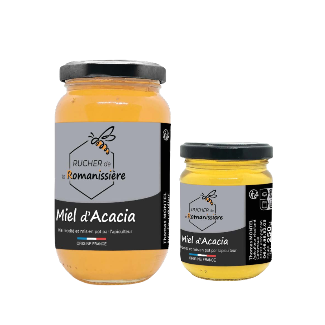 Pots de miel d'acacia.